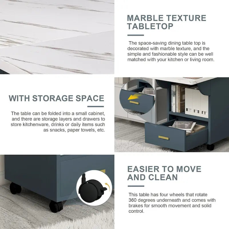 Table à manger pliante en bois massif de 39,4 po avec 4 roulettes et tiroir