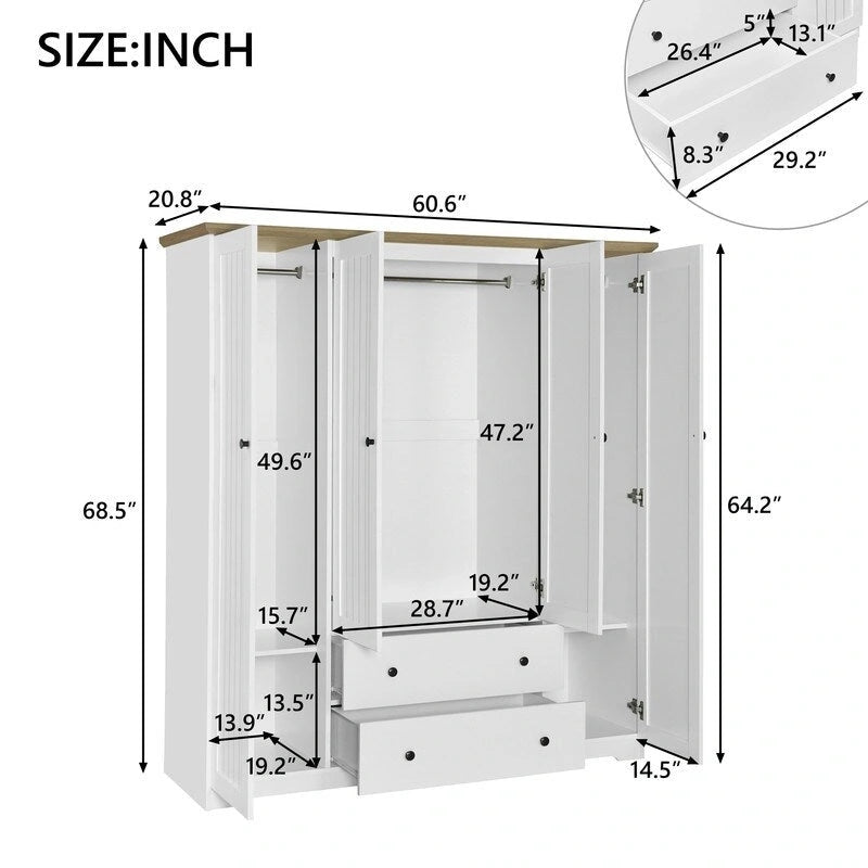 Armoire quatre portes avec deux tiroirs - 60,6 L x 20,8 P x 68,5 H