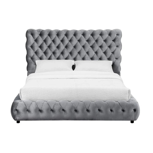1 lit king-size contemporain capitonné avec tête de lit et pied de lit - Meuble de chambre - Gris