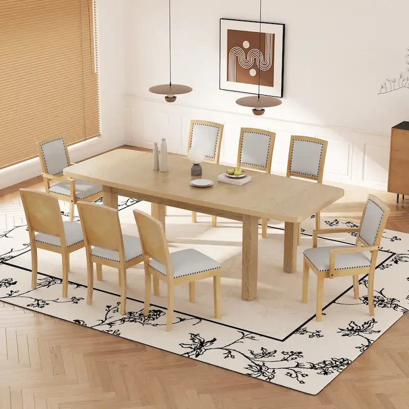 Ensemble de salle à manger en bois 7 pièces avec table extensible, 6 chaises sans accoudoirs et 2 fauteuils