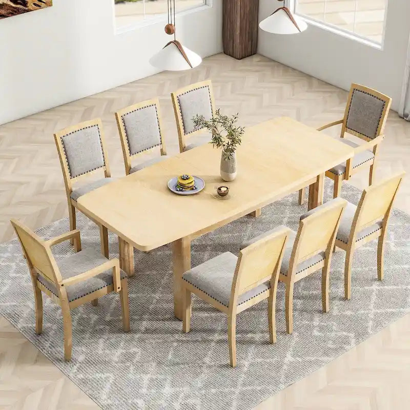 Ensemble de salle à manger en bois 7 pièces avec table extensible, 6 chaises sans accoudoirs et 2 fauteuils