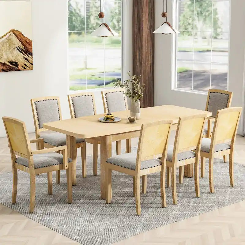 Ensemble de salle à manger en bois 7 pièces avec table extensible, 6 chaises sans accoudoirs et 2 fauteuils