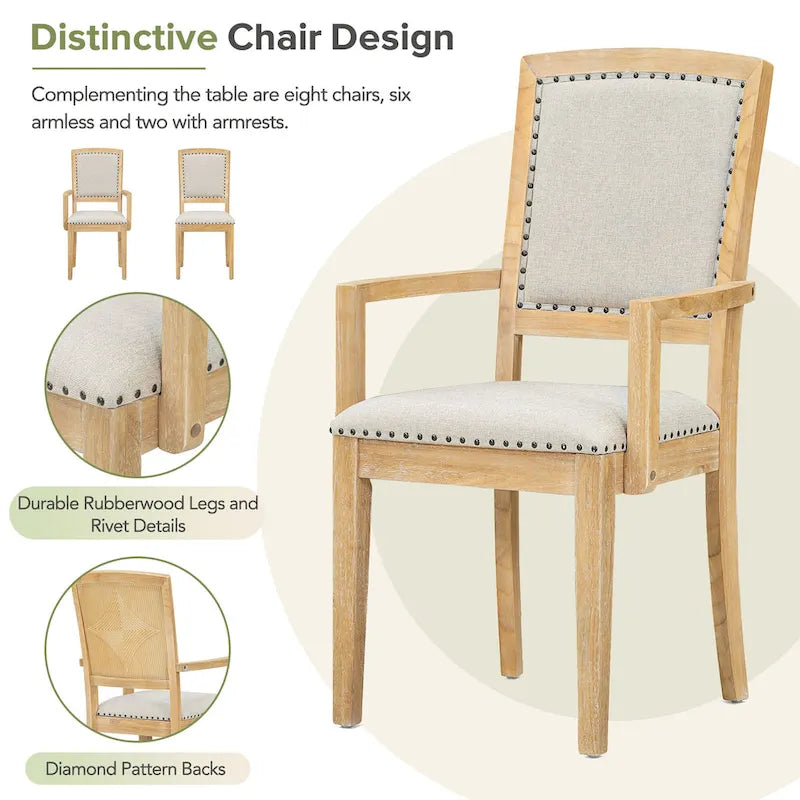Ensemble de salle à manger en bois 7 pièces avec table extensible, 6 chaises sans accoudoirs et 2 fauteuils