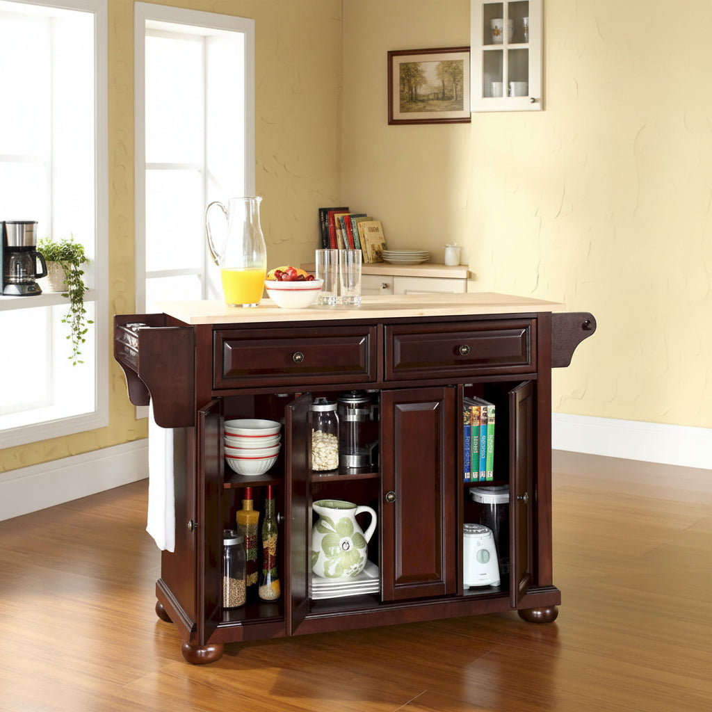 Crosley Alexandria Natural Wood Top Kitchen Island in Vintage Mahogany Finish - 51.5 W x 18 D x 34 H