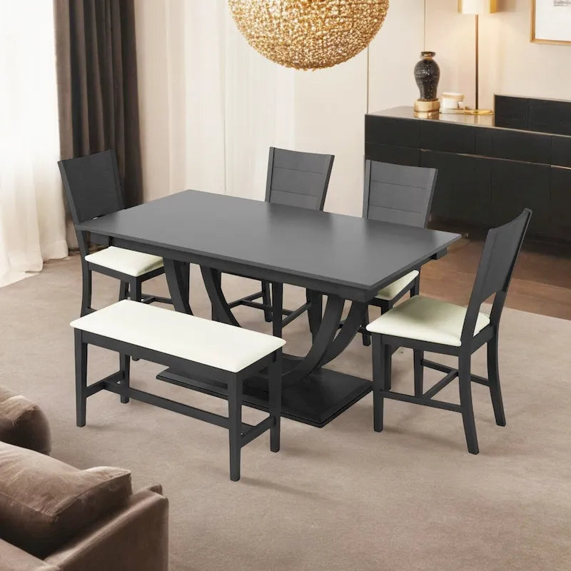 Ensemble de salle à manger 6 pièces demi-rond en bois avec longue banquette et 4 chaises de salle à manger, style moderne