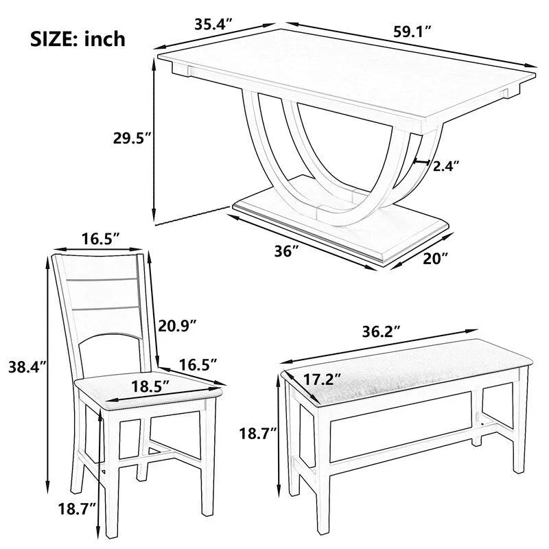 Ensemble de salle à manger 6 pièces demi-rond en bois avec longue banquette et 4 chaises de salle à manger, style moderne