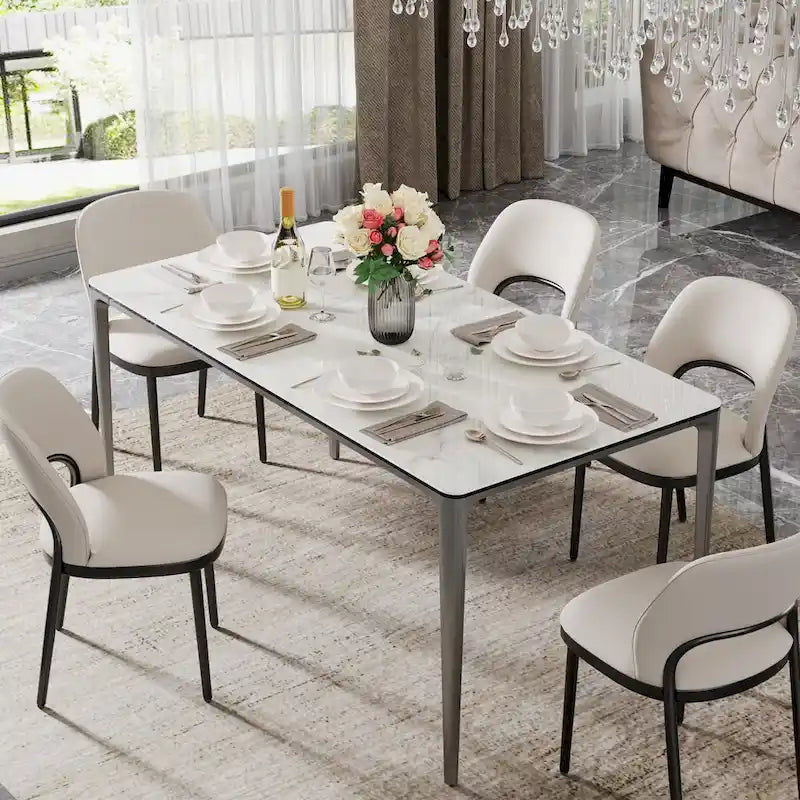 63 Unique Rectangular Dining Room Table with Sintered Stone Tempered Glass Top